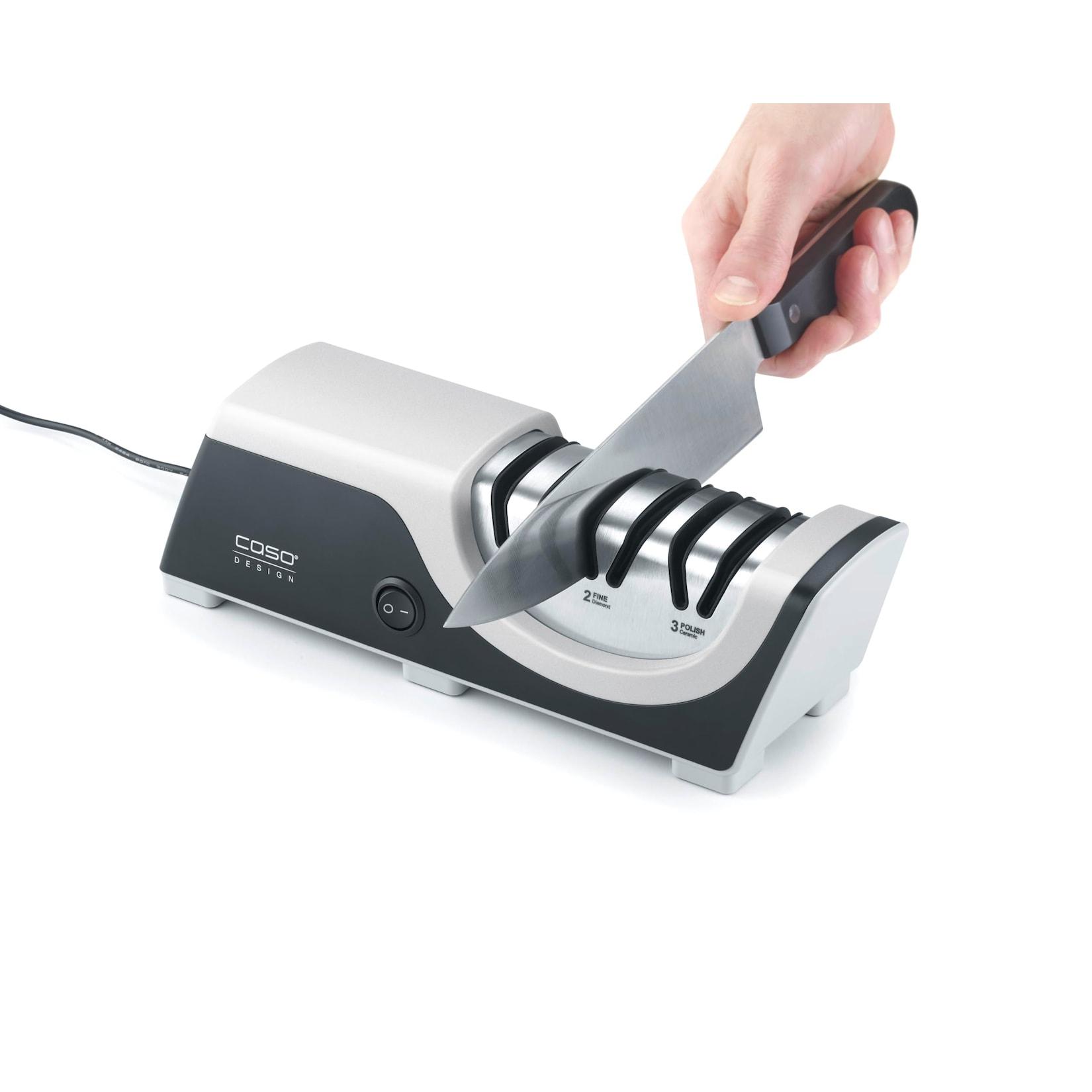Caso DiamondSharp Messerschärfer (Elektrischer Design-Messerschärfer, präzises 3-Stufen-Schärfsystem, universal geeignet für glatte und gezahnte Klingen, Grobschliff (Diamant), Feinschliff (Diamant), Polierstufe (Keramik), 18 Watt, rutschfeste Saugfüße, Sc