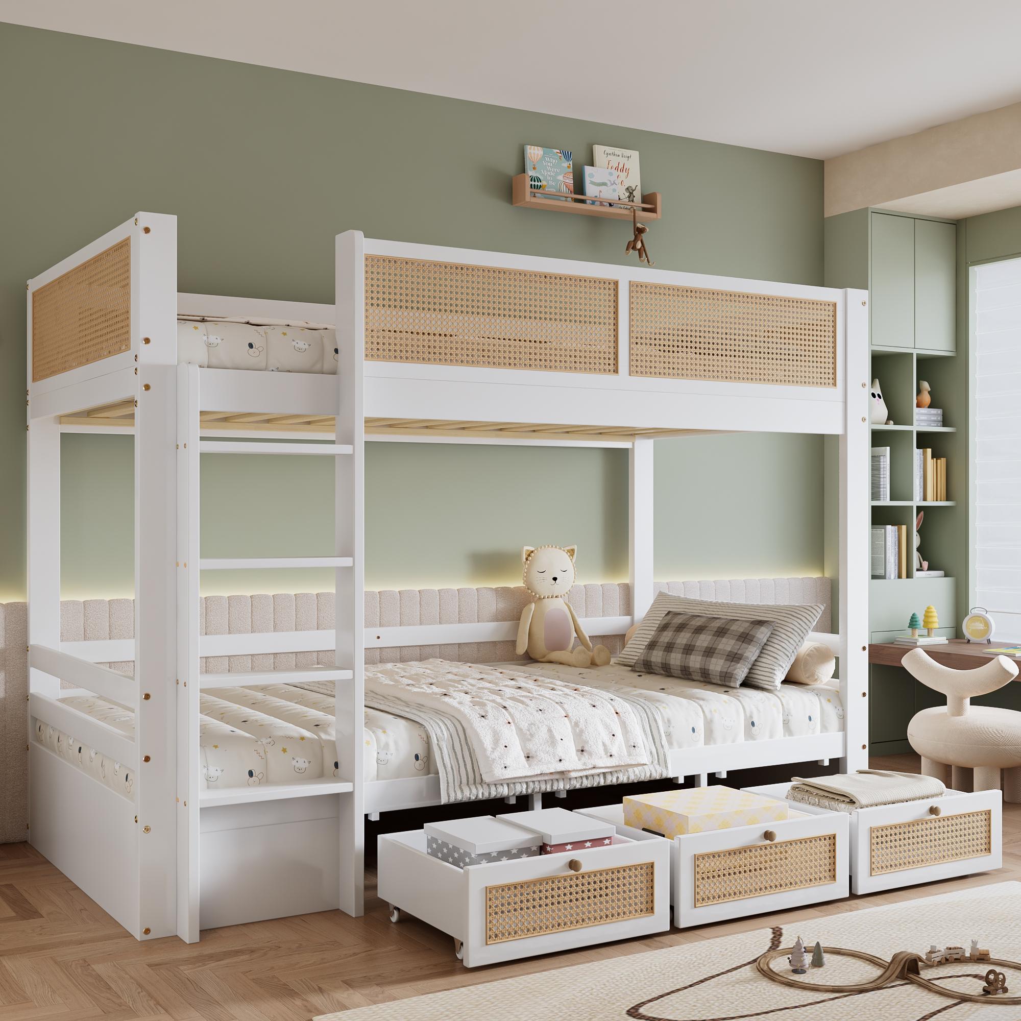 Etagenbett, Kinderbett, Schöner geflochtener Rattanzaun, Drei Schubladen mit Rollen, Stabile Lattenroste, Mit Sichere Bettgitter,Weiß+Natur, 90x200cm