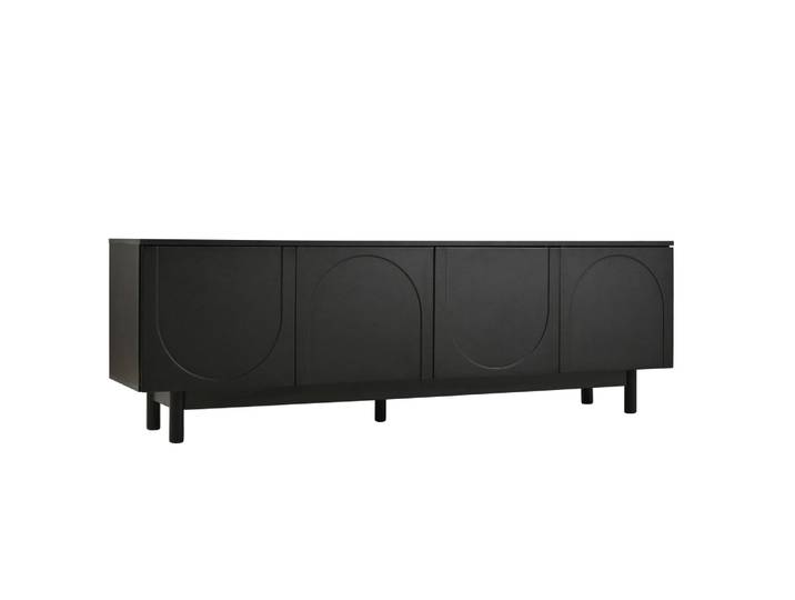 Meuble TV moderne noir 175x38x56cm avec plaques d'insertion réglables, style luxe léger, meuble bas PINGGO