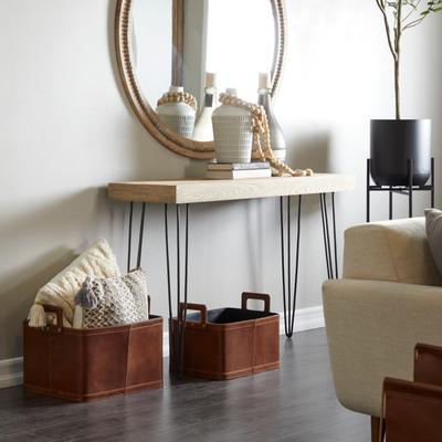 ARCILLA ELEMENTAL Sleek Leather Modern Storage Basket with Handles (Set of 2) - Dark Blue or Brown