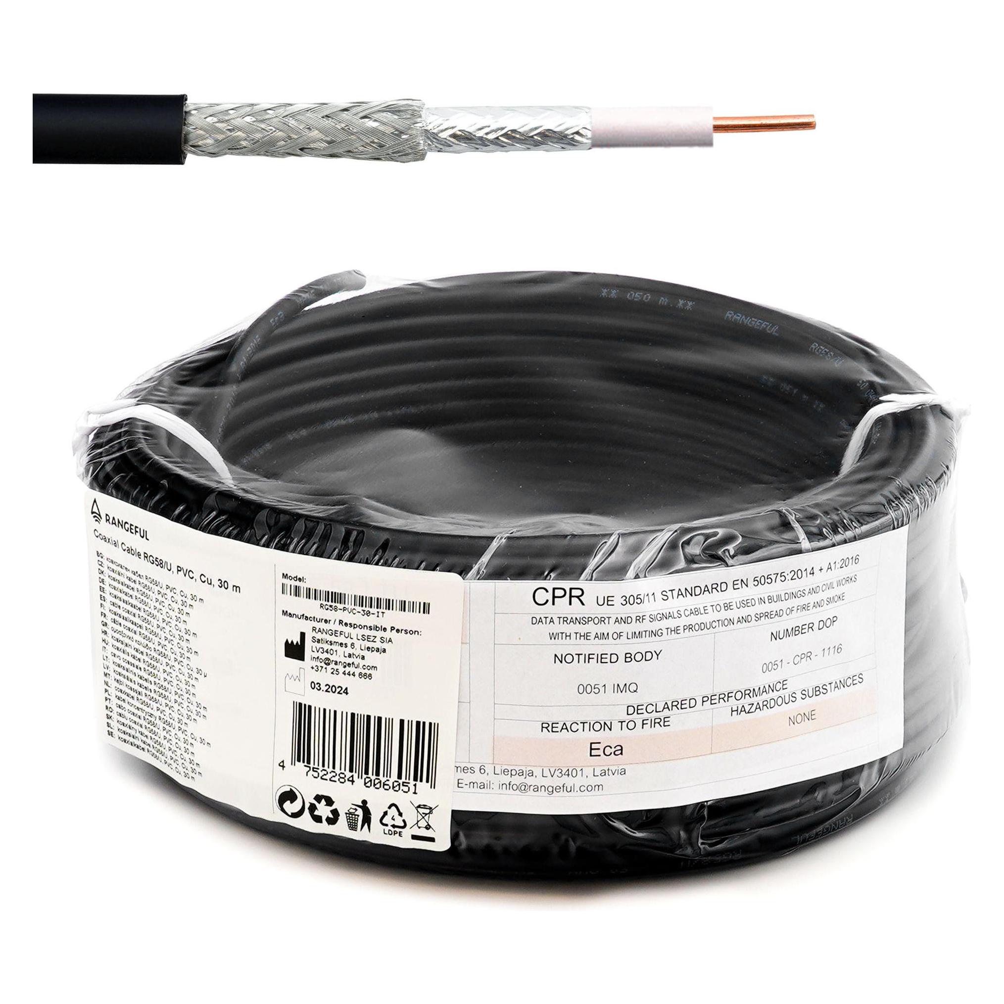 Rangeful RG58U 30m (98ft) Low Loss RF Coaxial Cable 50 Ohm RG58-PVC-30-IT (RG58-PVC-30-IT)