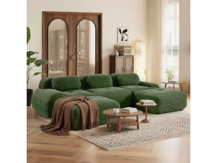 SoarFlash Modernes modulares Sofa, Kordtstoff-Oberfläche, Tiefe Sitzfläche + breite Armlehnen, werkfertig, 3-Sitzer U-Sofa, Vert foncé