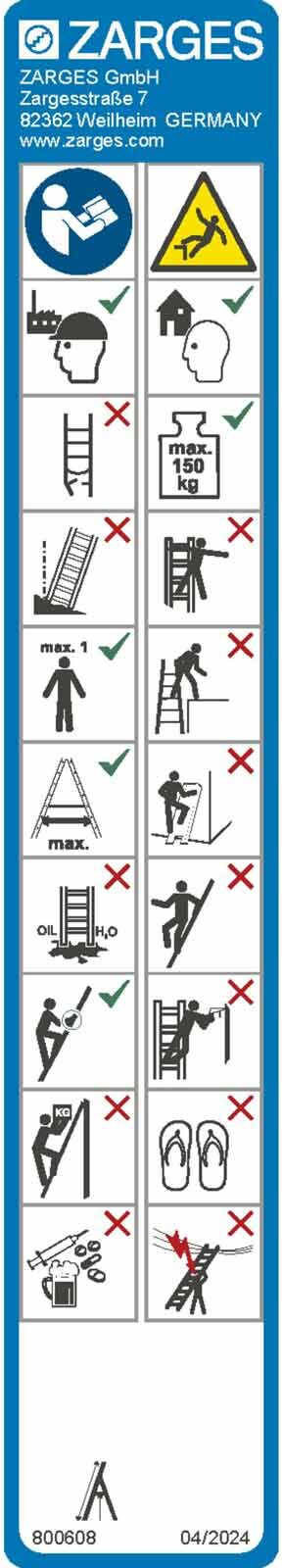 Zarges Hinweisschilder für Stehleitern, einseitig begehbar, ZAP Safemaster S, ZAP Neo S