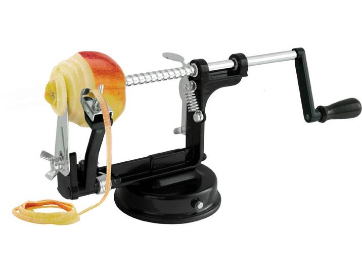 Apfelschäler GEFU DELICIO , schwarz, B:10,5cm H:12,3cm L:25cm, Aluminium, Edelstahl, Küchenschneider, Apfelschäler, 3-in-1 Funktion, mühelos, kompakt.