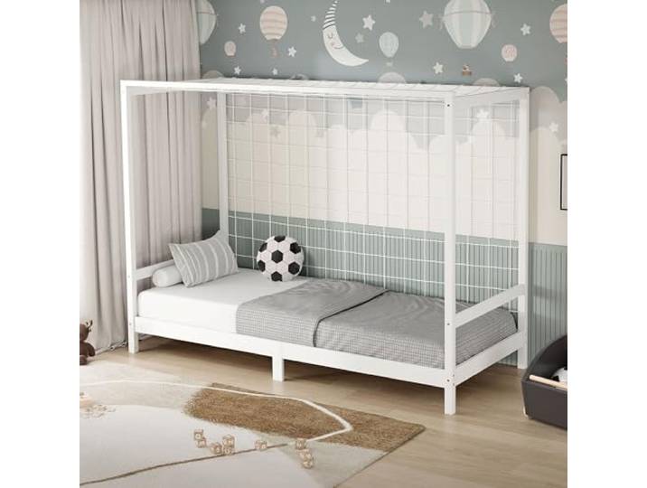 ML-Design Kinderbett Fußballtor 90 x 200 cm, Weiß, Einzelbett für Kinder, Holzbett mit Lattenrost und Tornetz, Jugendbett aus Kiefernholz, Bettgestell mit Holzrahmen, Fußballbett-Tor Handballtor