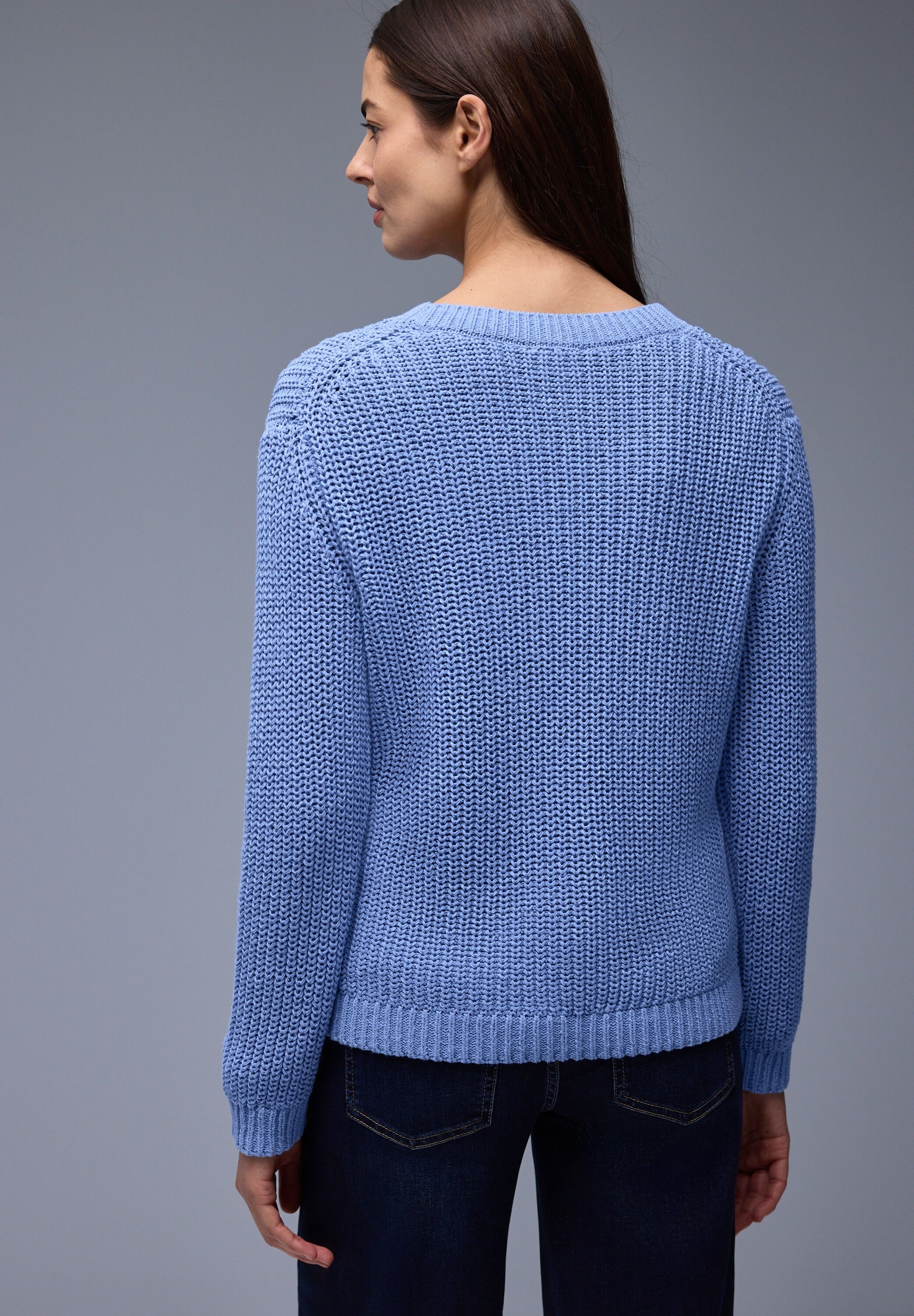 Rundhalspullover STREET ONE, Damen, Gr. 44, blau (bonnet blau), Strick, Obermaterial: 59% Baumwolle, 41% Polyester, unifarben, regular fit normal, Rundhals, Rippbündchen, Pullover Rundhalspullover, mit Rippbündchen bonnet blau 44