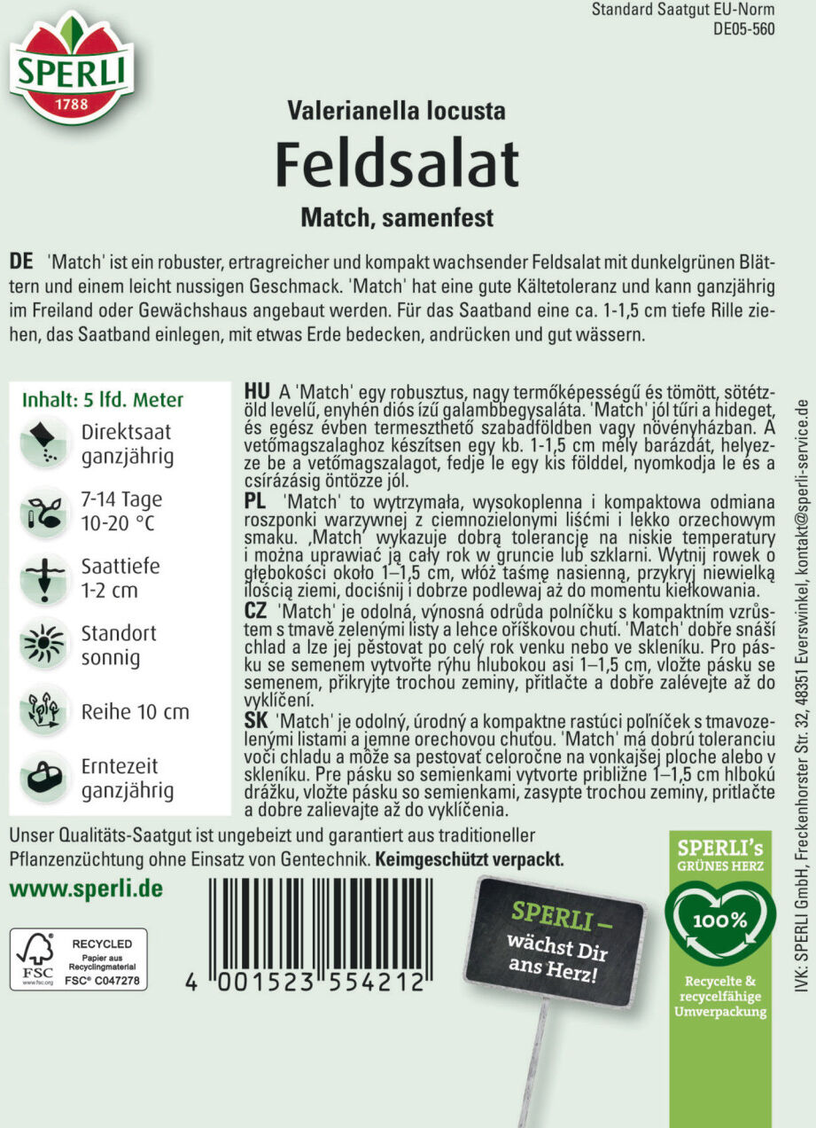 Sperli Saatgut Feldsalat Match für ca. 4 – 7,5 m²