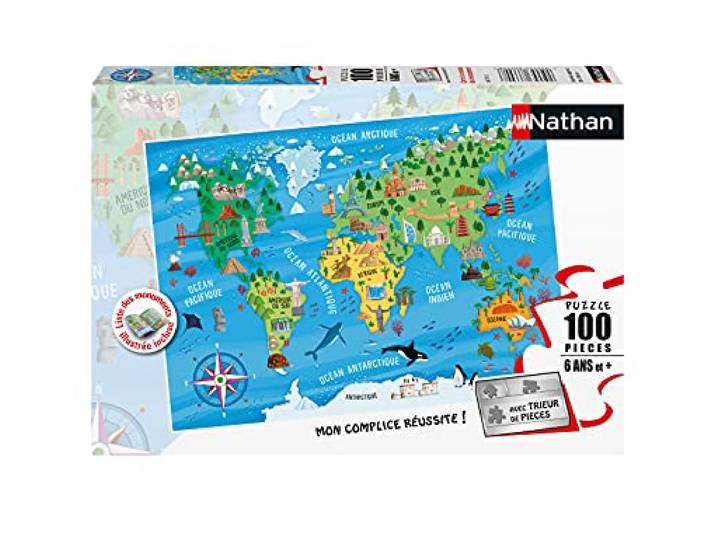 Nathan - Kinderpuzzel - 100 stukjes - Wereldkaart van monumenten - Meisje of jongen vanaf 6 jaar - Puzzel van hoge kwaliteit - Dik en duurzaam karton - Aardrijkskunde - 86775