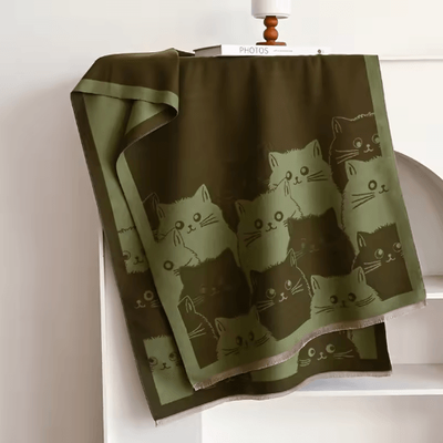 Inspire Picks Cute Cat Jacquard Pashmina Scarf Thick Cashmere Winter Shawl & Blanket Wrap For Women green