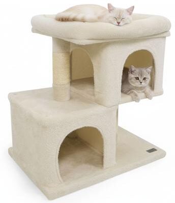 Costway Modern Cat Tree Space-saving Cat Tower with Upholstered Perch and 2 Cat Condos-Beige