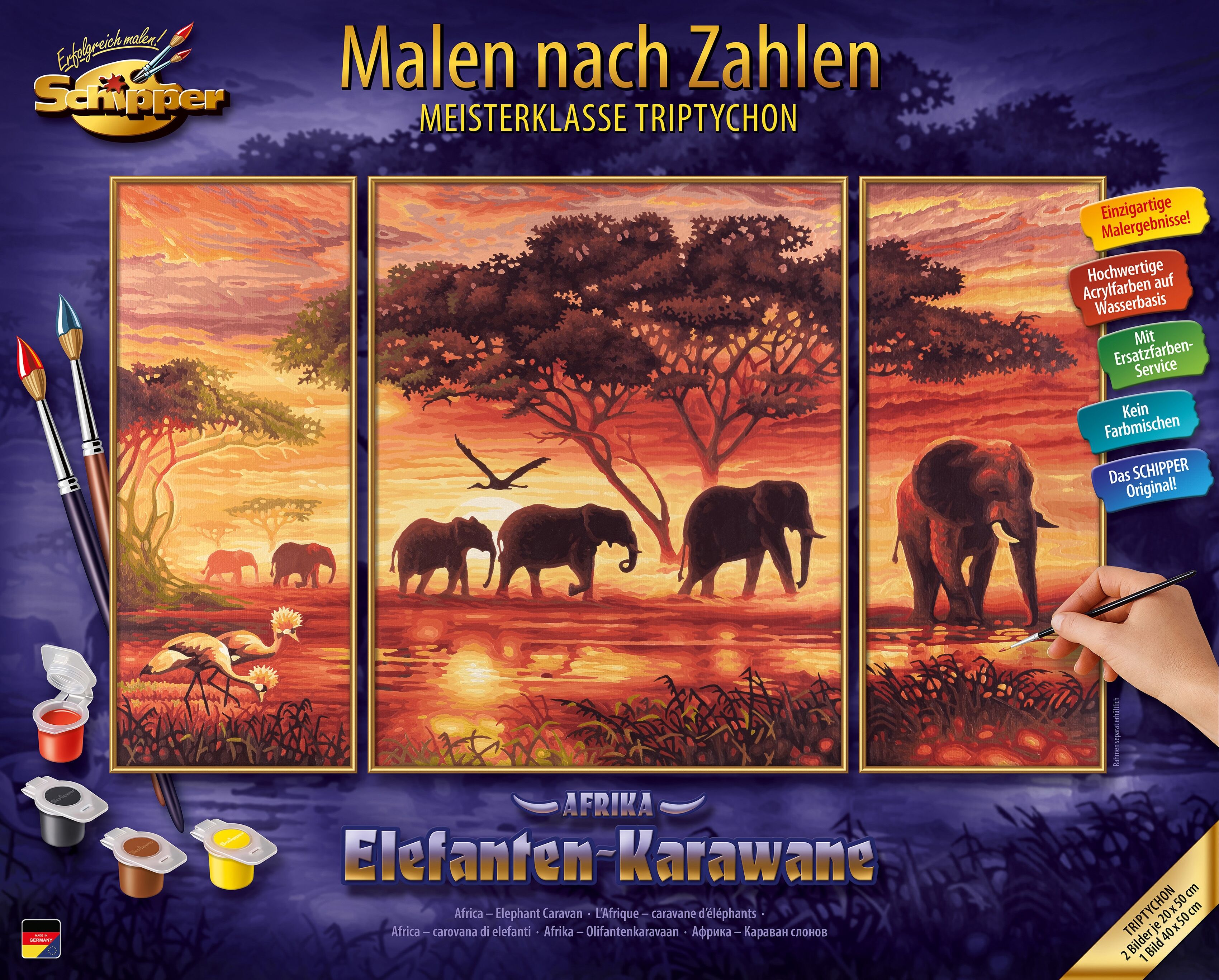 Malen nach Zahlen SCHIPPER "Meisterklasse Triptychon - Elefanten Karawane", bunt, Malvorlagen, KinderB:20cm H:50cm, Karton, Malen nach Zahlen, Made in Germany, B:20cm H:50cm