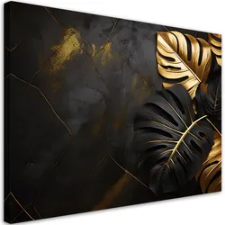 WANDBILD goldene und schwarze monstera blätter auf einem abstrakten hintergrund