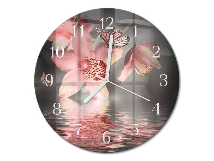 Tulup Wanduhr fi30 cm - Orchidee, Pink, Glas, Rund, 30x30x0.4 cm, Dekoration, Uhren, Wanduhren
