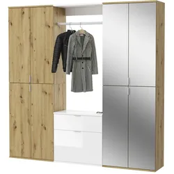 GARDEROBE Eiche Artisan, weiß Hochglanz 183 cm, Kombination mit 21 Fächern