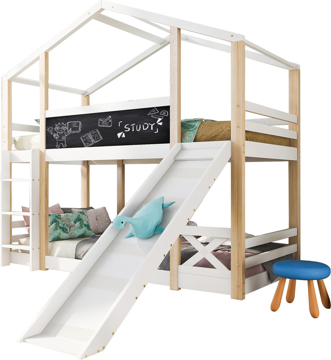 Kinderbett Baumhaus mit Rutsche & Leiter 90 x 200 cm, Hochbett für Kinder- 2x Lattenrost- Natur & Wei