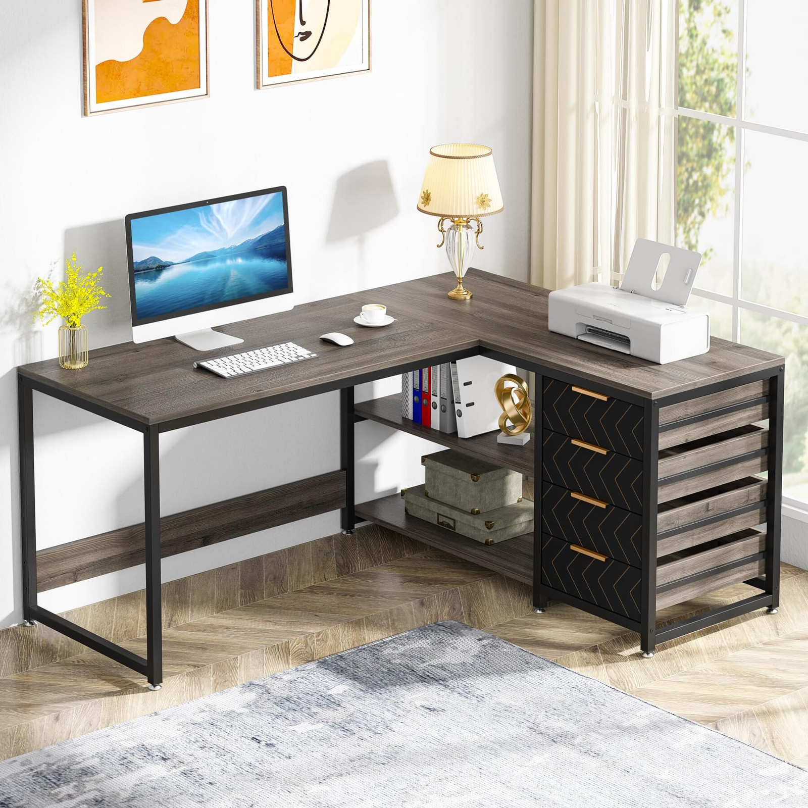 Tribesigns L-vormig computerbureau met lades en planken, omkeerbaar hoekbureau voor thuiswerken, grijs, 150 cm