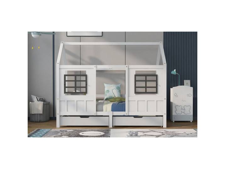 Lit enfant cabane blanc 90×200 cm 2 tiroirs fenêtres MDF structure solide montage nécessaire