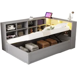 Schlafsofa 90x200 cm aus Massivholz mit Mehrfachsteckdose und_LED-Beleuchtung – ideal für kleinen Raum Grau