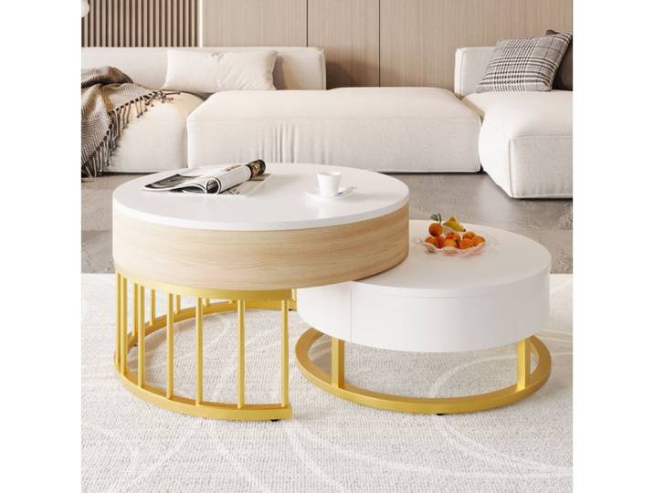 Table basse ronde relevable AESVAR double plateau MDF blanc et doré avec tiroir salon