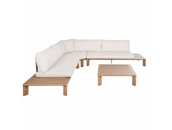 5-sitziges Gartenmöbelset mit Holzoptik und ecrufarbenen Kissen