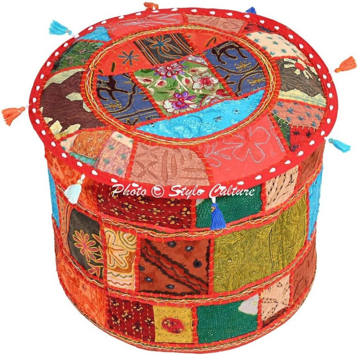 Ronde Vintage Ottomaanse Poef Cover met Patchwork Katoen voor je Woonkamer