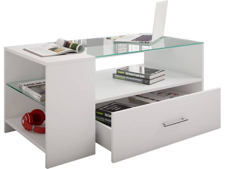 Tindala salontafel met glazen blad\, 1 lade\, 3 plankenwit.