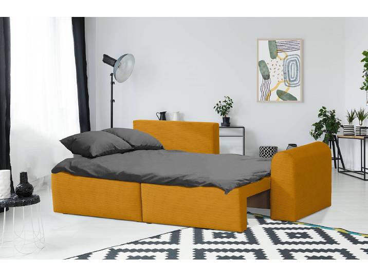 Ecksofa Runer mit Schlaffunktion Gelb Cordstoff Poppy 250 x 94 x 151cm Longchair beidseitig montierbar Modern