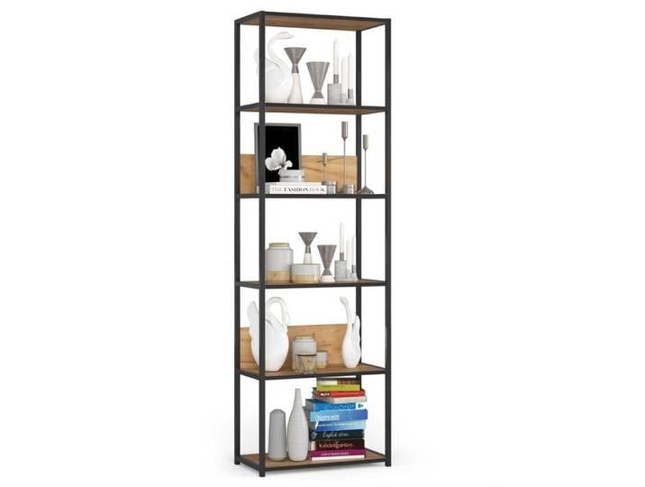 Étagère murale industrielle sur pied AKORD Noire 60 cm façade Chêne Craft 6 étagères 60x32x192 cm