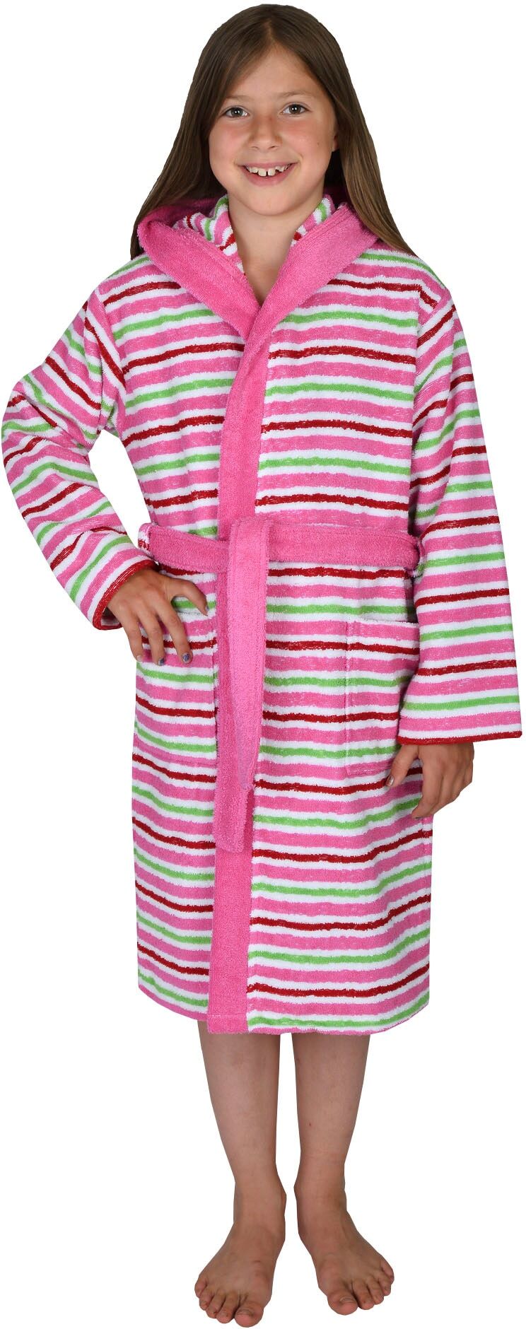 Kinderbademantel WÖRNER "Ringel" Gr. 128, lila (orchidee), L:80cm, Baumwoll-Webfrottier, Hausmäntel, Kinderbademantel, Streifenmuster, mit Taschen, maschinenwaschbar, trocknergeeignet orchidee 128 L: 80cm, N-Gr