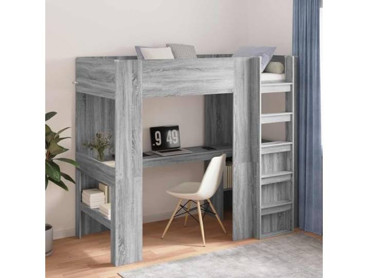 Loft Einzelbettrahmen mit Schreibtisch Holzkonstruktion platzsparend für Etagenbettgestell mit Schreibtisch Graues Sonoma 90 x 200 cm Loftbett mit Regal und Leiter fuer Jugendzimmer und