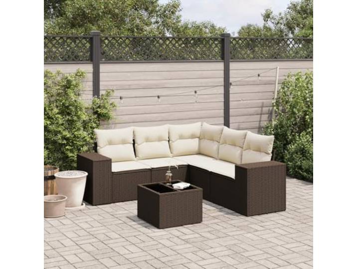 KTHLBRH Gartenmöbel-Set 6-teilig mit braunen Kissen aus Polyrattan Modular mit Aufbewahrungsbox, Glastisch, waschbare Bezüge, für Terrasse
