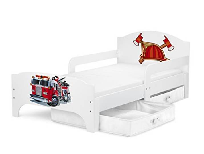 Leomark SMART Holz-Kinderbett 140x70 Feuerwehrbett, Matratze, Schubladen Außenmaß 143x77,5x58 cm, 10 cm Schaummatratze, Schutzleisten, Metalllattenrost, 12 mm Möbelplatte, 2 Textilboxen, UV-Druck