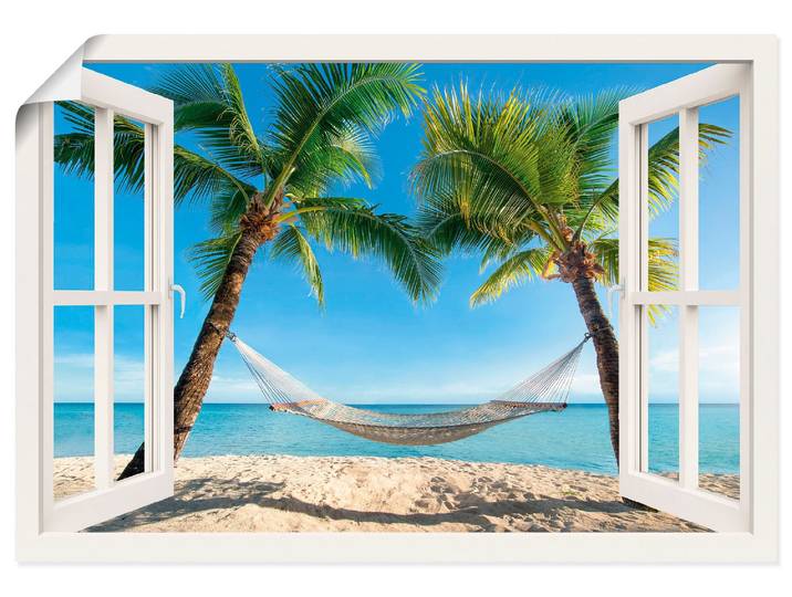 Wandbild ARTLAND Fensterblick Palmenstrand Karibik , weiss (farbe bild(er): weiß), B:100cm H:70cm, Bilder, Wandbild, als Alubild, Poster in verschied. Grössen