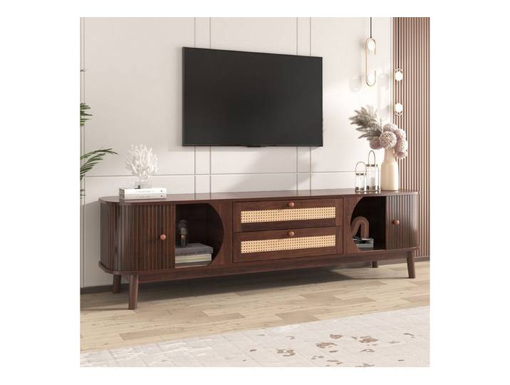 IDEASY TV-Schrank TV-Schrank Landhausstil mit Türen & Rattan-Schubladen, 170cm (einfache Montage inkl. Werkzeug, Maße 170x46x39,5cm) Massivholzoptik & handgeflochtene Rattan-Schubladen, stabiles MDF