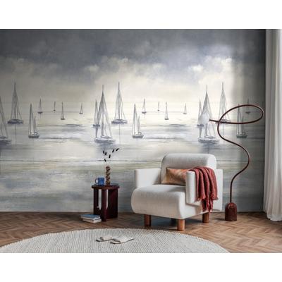 Fototapete LIVING WALLS "The Wall 4 Eyecatcher – Segelboote am Meer Vlies-Fototapete", grau (blau), B:1,59m H:0m L:2,8m, Vinyl, Vlies, Tapeten, Segelboote am Meer mit dekorativer Tiefenwirkung