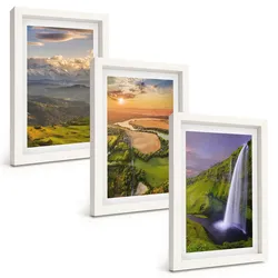 BILDER SET 3er Set - 20x30 cm Weißer Rahmen - Gebirgsflüsse, Wasserfälle, Natur
