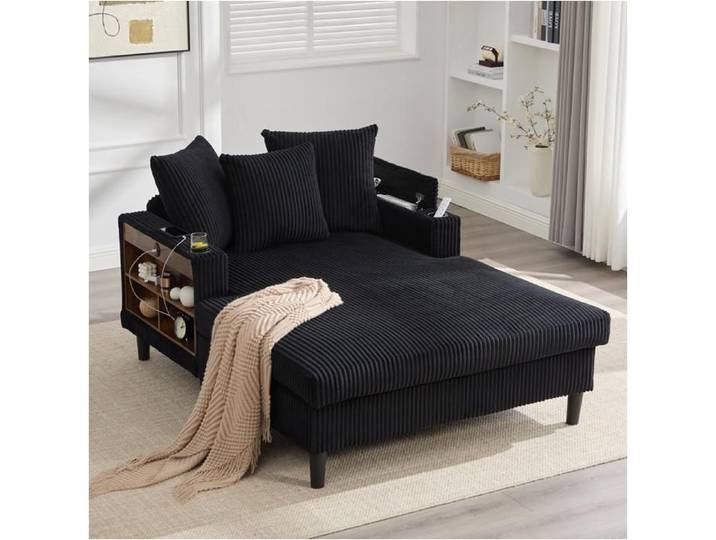 Dripex Canapé en velours côtelé avec chaise longue dotée d'une grande surface d'appui porte-boissons Lumière LED et port USB Noir