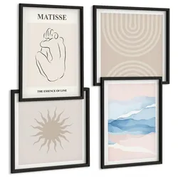 BILDER SET 4er Set - 50x50 cm & 40x60 cm Schwarzer Rahmen - Linien, Wellen, Pastellfarben, minimalistisch