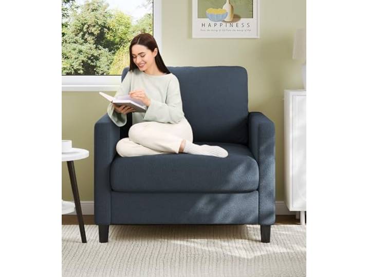 Welzona Sessel Wohnzimmer, 84cm Teddy Lesesessel für Jugendzimmer, Minisofa Bequemer Teddy-Stoffbezug, Werkzeugfreies Aufstellen, Bezüge Waschbar, 1-Seater Sofa für Schlafzimmer, Vollholz, Blau Grau