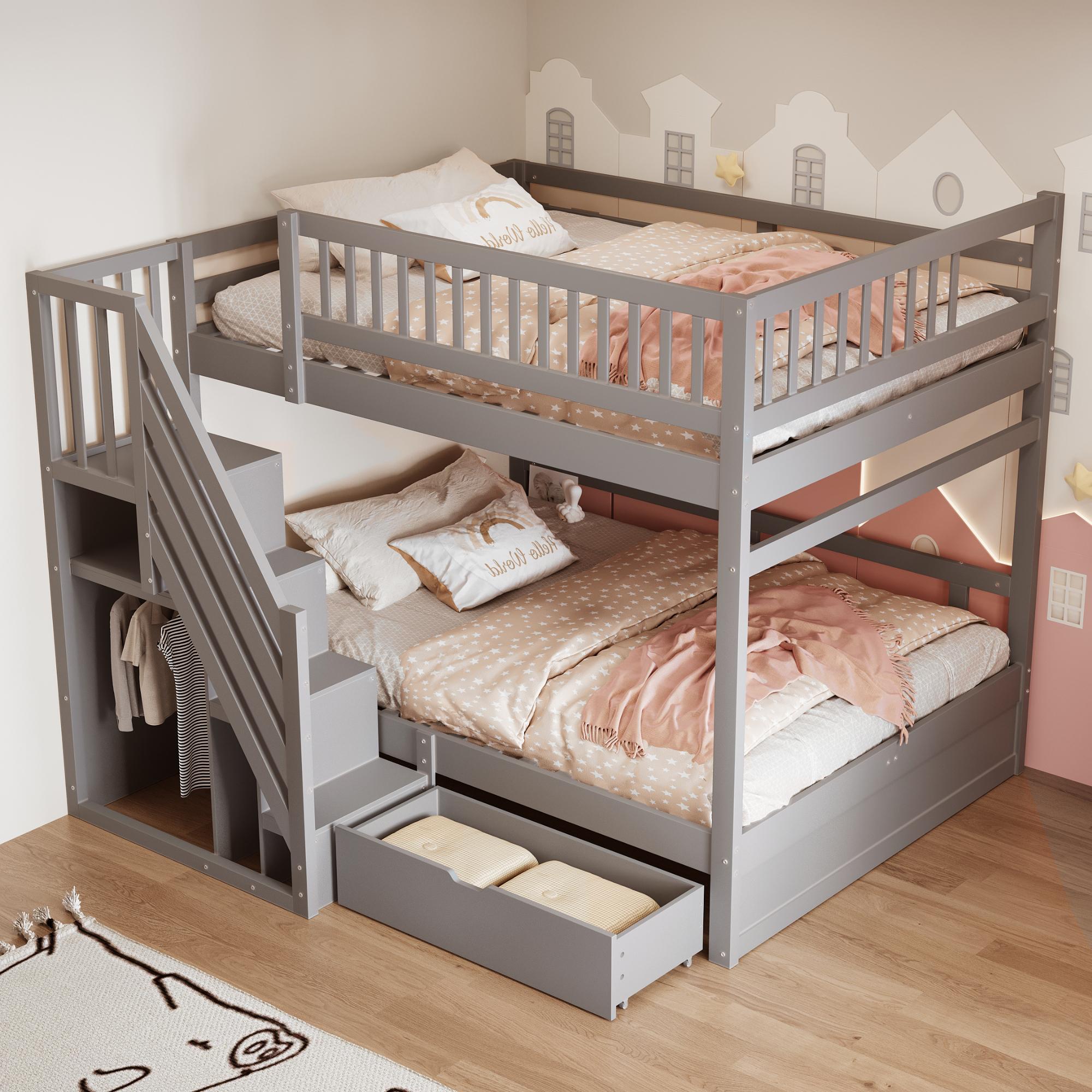 Merax Etagenbett 140x200 cm mit Treppe, Kinderbett für 2 Kinder mit Stauraum, Schubladen und Hohem Geländer, Jungenbett aus Massivholz, Grau