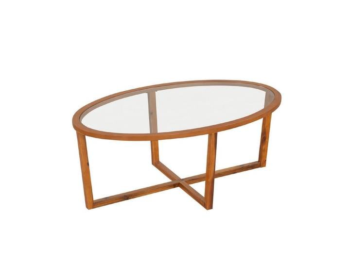 COSTWAY Couchtisch, Glas, Beistelltisch oval, mit Kreuzfuß, Massivholz