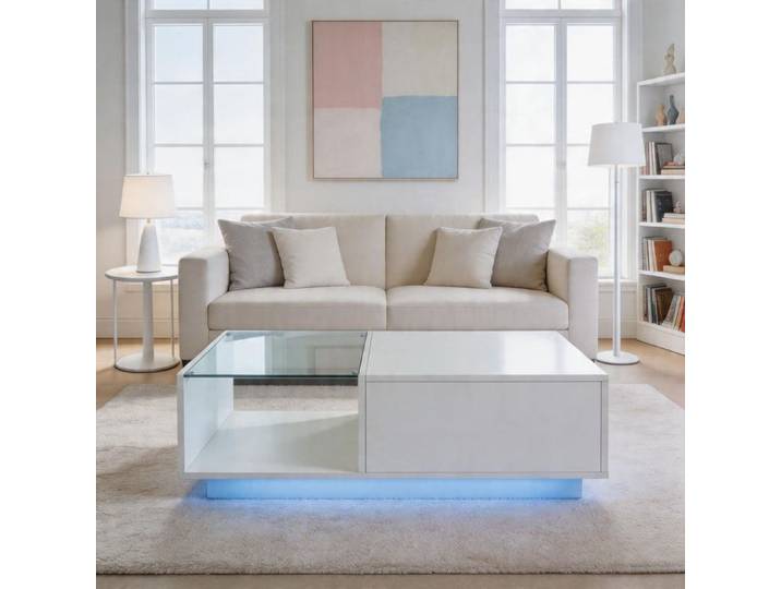 Table basse relevable - 100×50 cm - Laqué brillant blanc - LED RGB 60 000 couleurs - Rangement caché hauteur réglable
