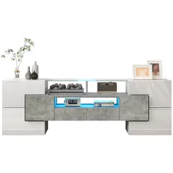 TV-Schrank 145x30x51 mit LED-Beleuchtung, Hochglänzend Weiß und Glasoberfläche, 6 Türen, 2 Schubladen, modernes Design für Wohnzimmer