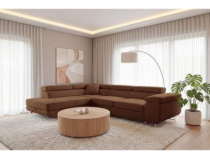 SOFILAND Ecksofa Luca L-Form mit Schlaffunktion und Bettkasten, wasserabweisender Velour, haustierfreundlich (Dunkelbraun, Links)