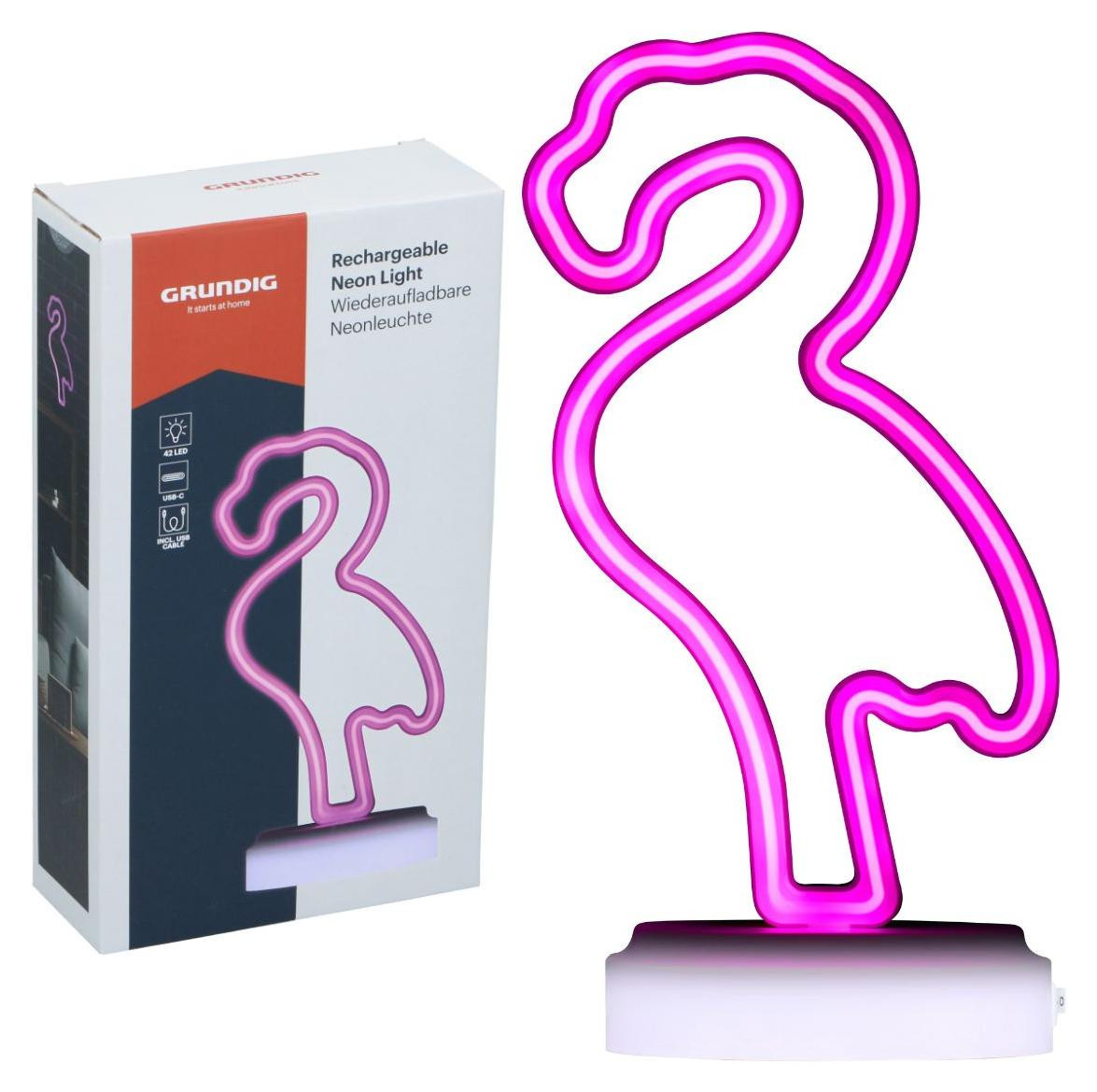 Grundig Flamingo Neon Tafellamp - Oplaadbare LED Bureaulamp met 42 LED - Roze Sfeerlamp met USB-C voor Slaapkamer en Woonkamer