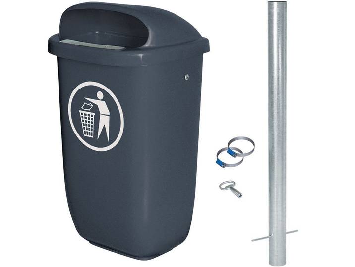 BRB-Lagertechnik Mülleimer BRB Abfall-Behälter Komplettset mit Rohrpfosten, Inhalt 50 Liter, Abfall-Behälter, robust, wetterfest und UV-stabilisiert