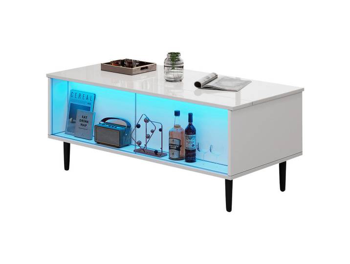Flieks Couchtisch 105x50cm Weiß Höhenverstellbar LED Versteckter Stauraum Glas, Holz, 59.51x16.03x114.3 cm, Wohnzimmer, Wohnzimmertische, Couchtische