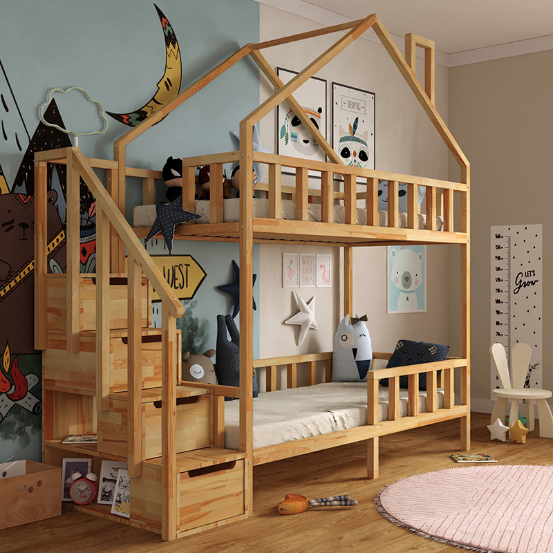 Etagenbett Hausbett mit Treppe, seitlicher Einstieg NIKOLA naturbelassen 160x80 cm