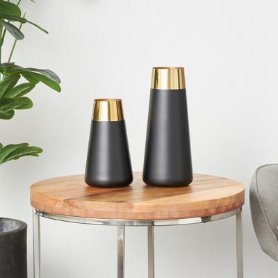 ARCILLA ELEMENTAL "Black Stainless Steel Metal Decorative Vase with Gold Rims (Set of 2) - 11"", 8""H"
