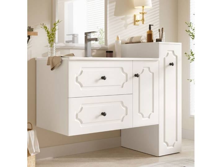 Meuble de salle de bain VUENOR - 107 x 47 5 x 90 5 cm blanc – vasque en céramique 2 tiroirs et colonne intégrée